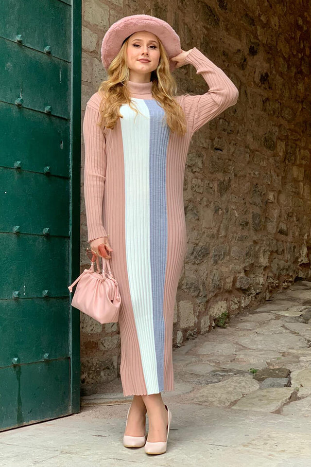 Powder - White Triple Color Knitwear Dress