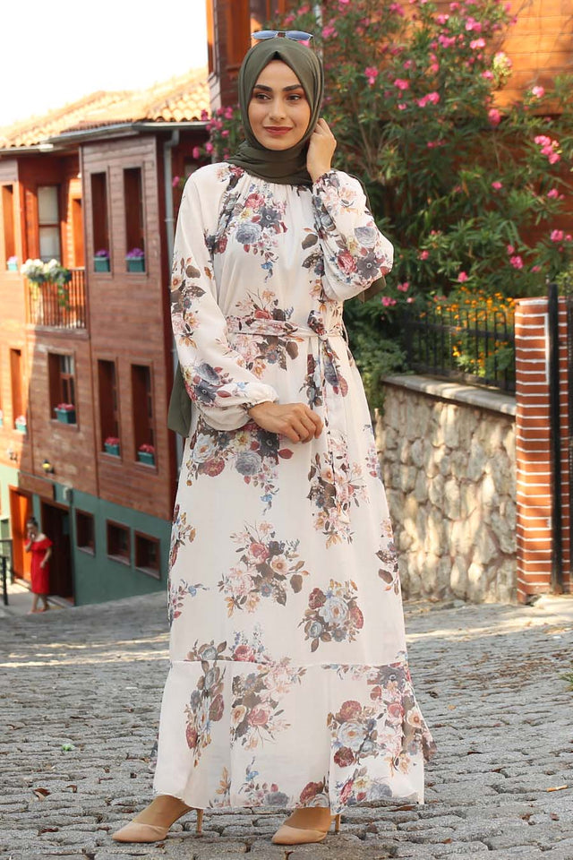 FLOWER PATTERNED ECRU DRESS