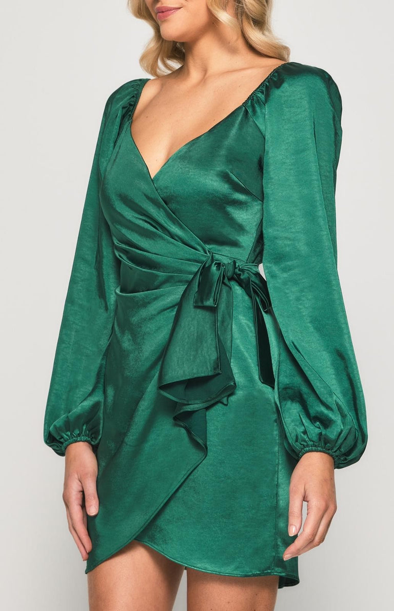 Satin Dress With Wrap Front Tie Detail
