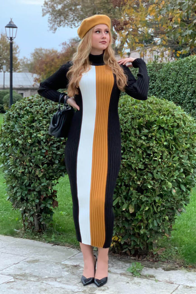Black - Mustard Triple Color Knitwear Dress